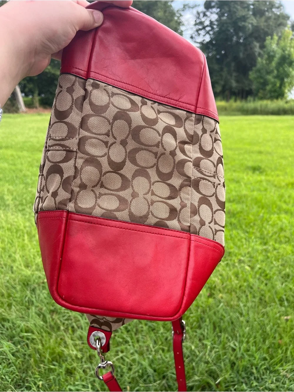 Coach Beige Signature Canvas and Red Leather Drawstring Shoulder Bag